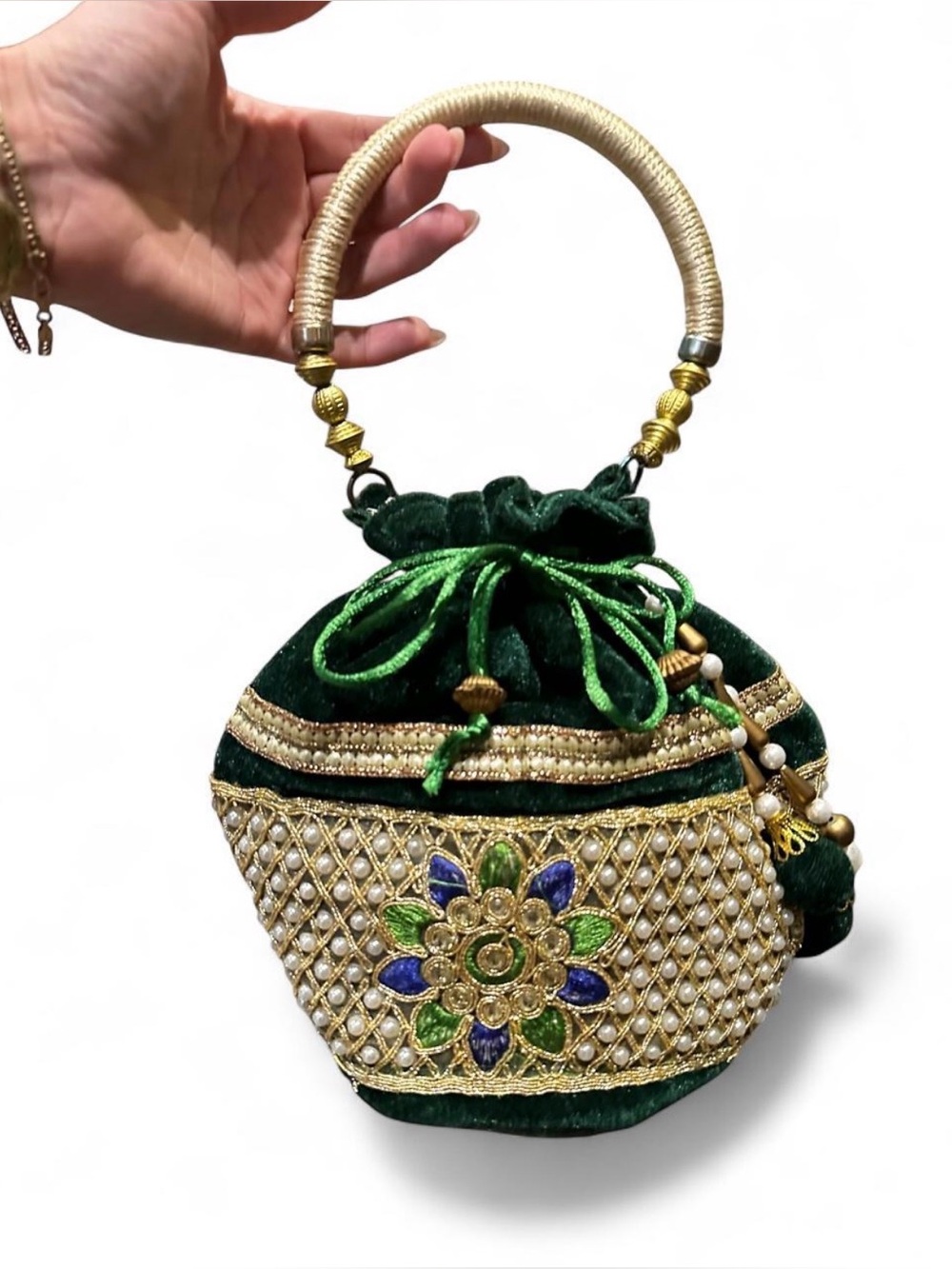 Green Velvet Embellished Potli Bag with Gold Handle